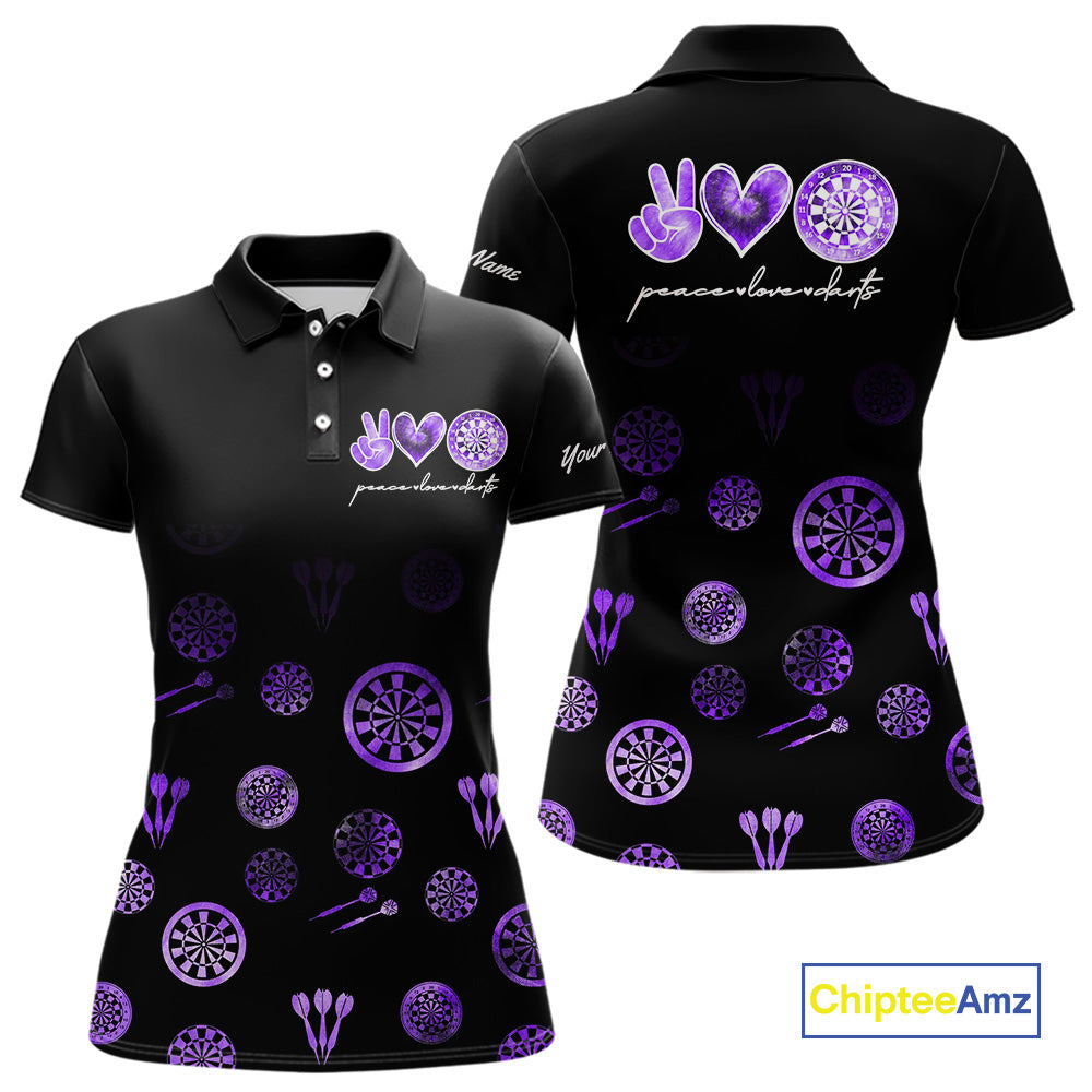 Personalized Purple and Black Camo Darts Shirts For Women Custom Peace Love Darts Team Jerseys NQS10543
