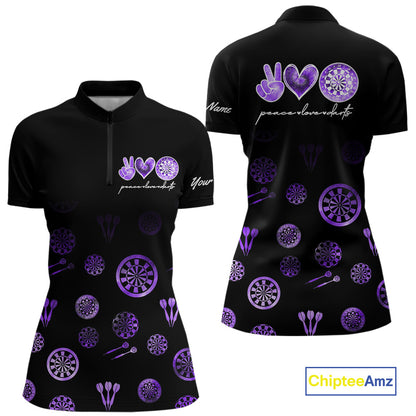 Personalized Purple and Black Camo Darts Shirts For Women Custom Peace Love Darts Team Jerseys NQS10543