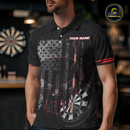 Black & White grunge American Flag Skull Mens Darts Shirt Custom patriotic Team Darts Jersey | Red NQS10749