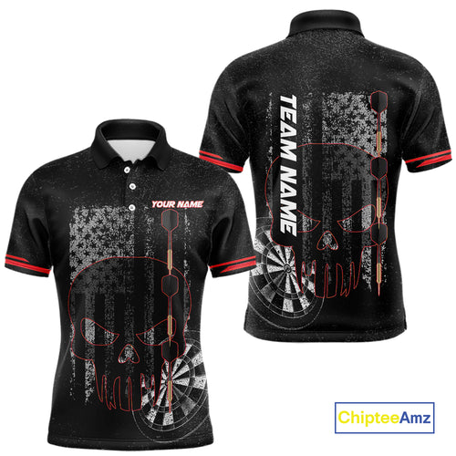 Black & White grunge American Flag Skull Mens Darts Shirt Custom patriotic Team Darts Jersey | Red NQS10749