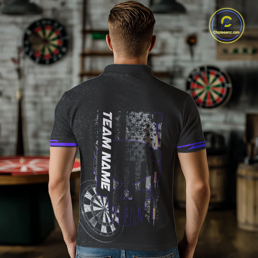 Black & White grunge American Flag Skull Mens Darts Shirt Custom patriotic Team Darts Jersey | Purple NQS10750