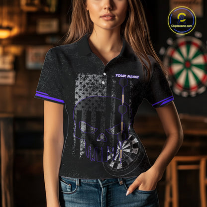 Black & White grunge American Flag Skull Women Darts Shirt Custom patriotic Team Darts Jersey| Purple NQS10750