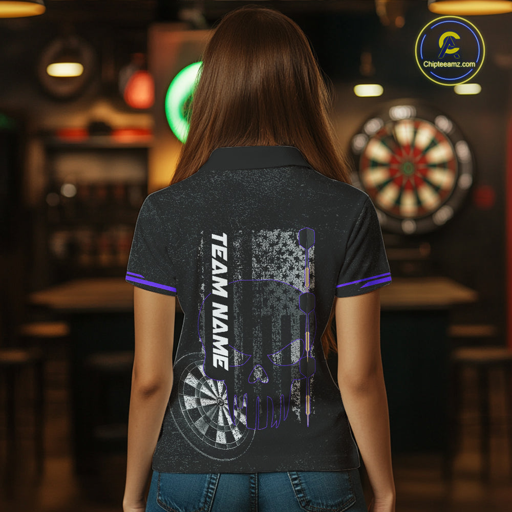 Black & White grunge American Flag Skull Women Darts Shirt Custom patriotic Team Darts Jersey| Purple NQS10750