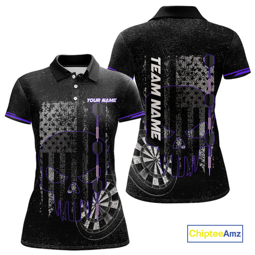Black & White grunge American Flag Skull Women Darts Shirt Custom patriotic Team Darts Jersey| Purple NQS10750