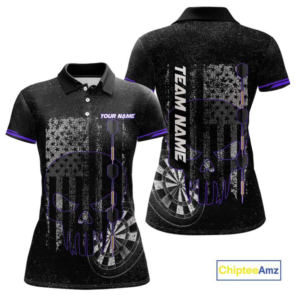 Black & White grunge American Flag Skull Women Darts Shirt Custom patriotic Team Darts Jersey| Purple NQS10750
