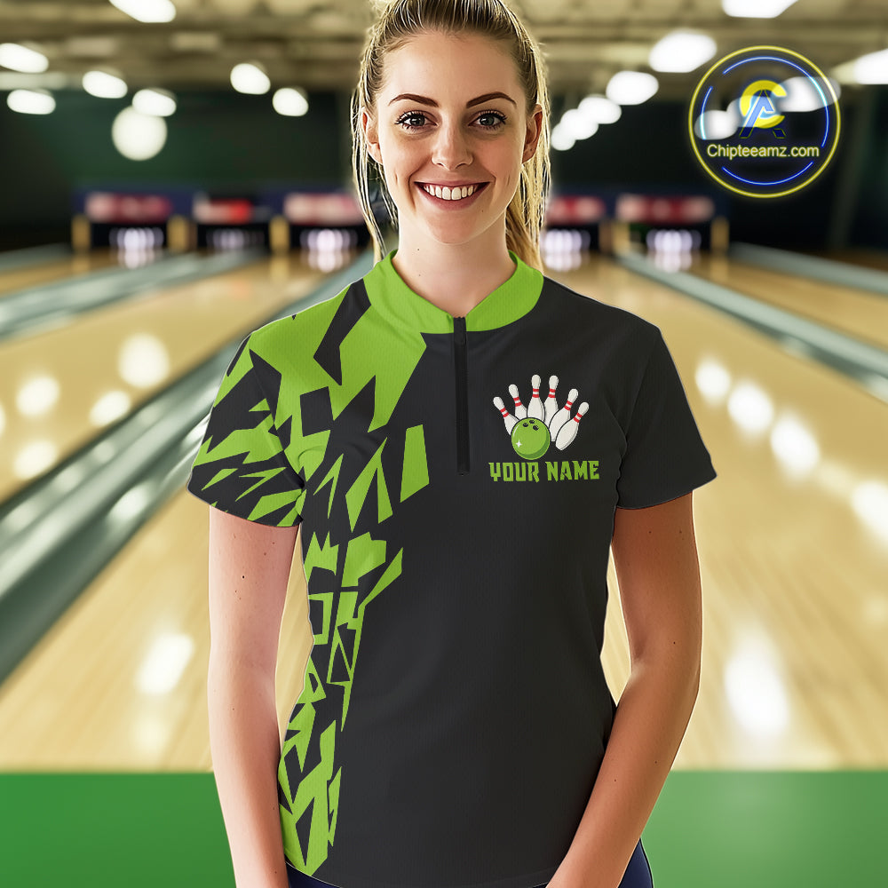 Black And Green Camo Custom Bowling Shirts For Women, Bowling Team Shirts NQS10753