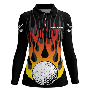 Orange Flame Golf Ball Black Women golf polo shirt custom golf tops for ladies, gifts for the golfer NQS8813