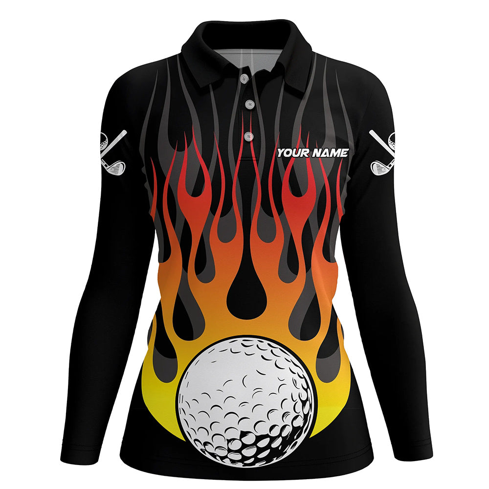 Orange Flame Golf Ball Black Women golf polo shirt custom golf tops for ladies, gifts for the golfer NQS8813