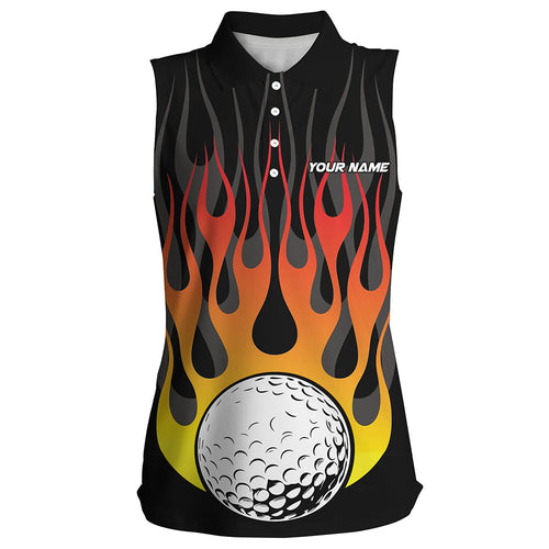 Orange Flame Golf Ball Black Women sleeveless polo shirt custom golf tops for ladies, gifts for golfer NQS8813