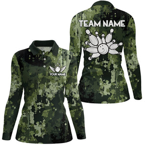 Green Camo  Bowling Polo, Quarter Zip Shirts For Women Custom Bowling Team Jerseys, Gift For Bowlers NQS9058