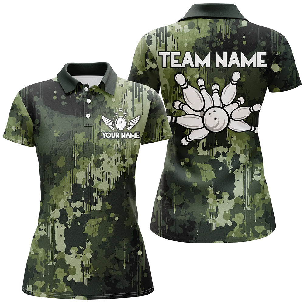 Green Camo  Bowling Polo, Quarter Zip Shirts For Women Custom Bowling Team Jerseys, Gift For Bowlers NQS9058