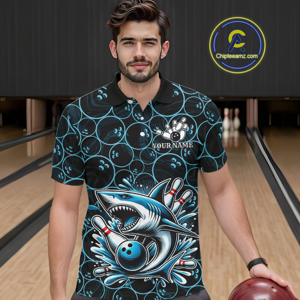 Black and Blue Camo Shark Bowling Polo, Quarter Zip Shirt For Men Custom Team Shark Bowling jerseys NQS11338