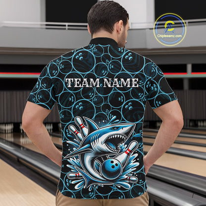 Black and Blue Camo Shark Bowling Polo, Quarter Zip Shirt For Men Custom Team Shark Bowling jerseys NQS11338