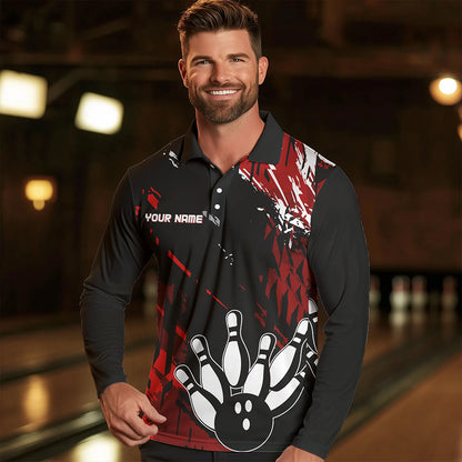 Black and Red Mens bowling shirts Custom retro bowling ball and pins bowling team league jerseys NQS9454