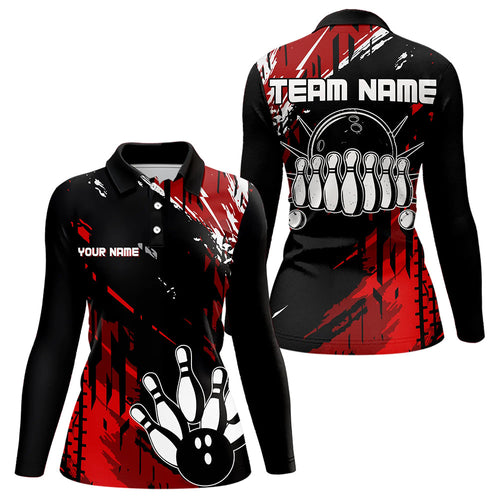 Black and Red Womens bowling shirts Custom retro bowling ball and pins bowling team league jerseys NQS9454