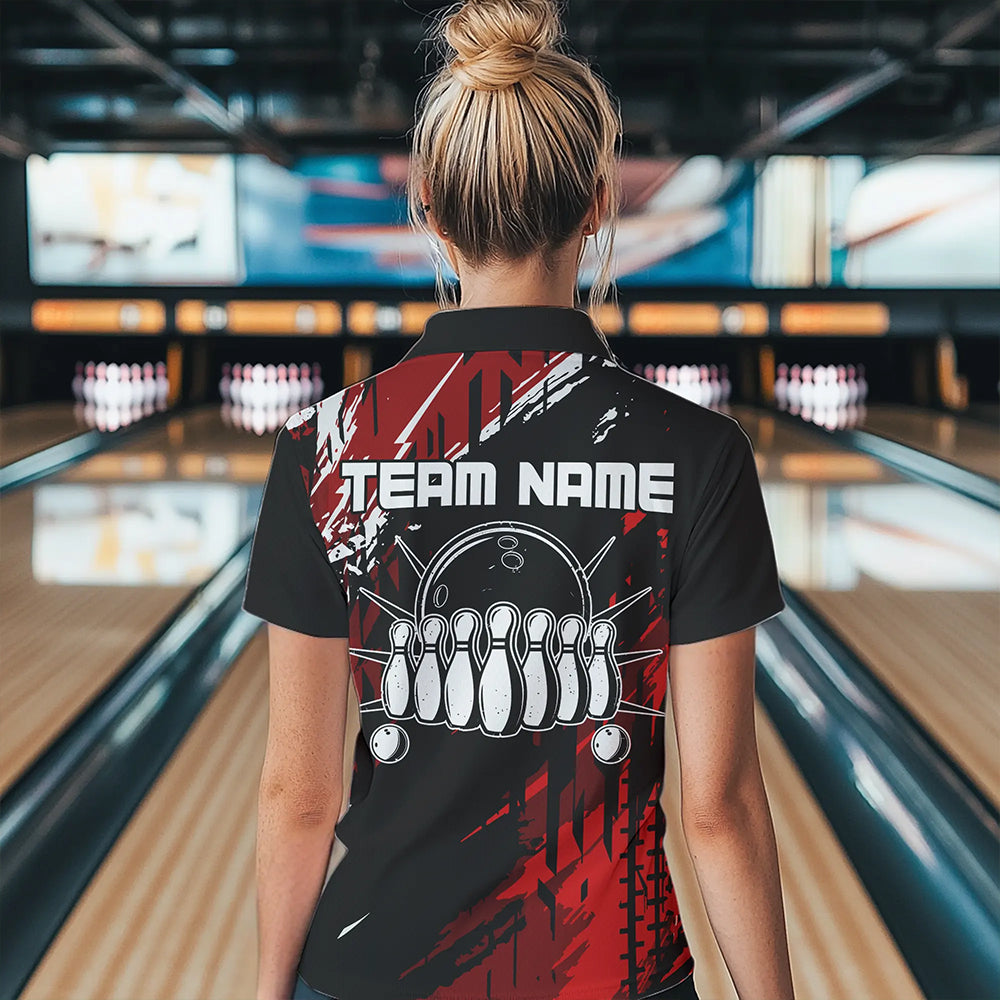 Black and Red Womens bowling shirts Custom retro bowling ball and pins bowling team league jerseys NQS9454