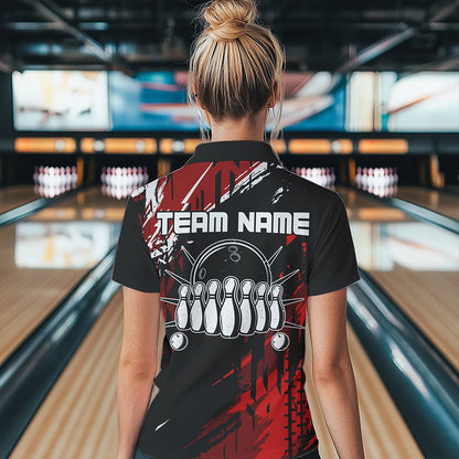 Black and Red Womens bowling shirts Custom retro bowling ball and pins bowling team league jerseys NQS9454
