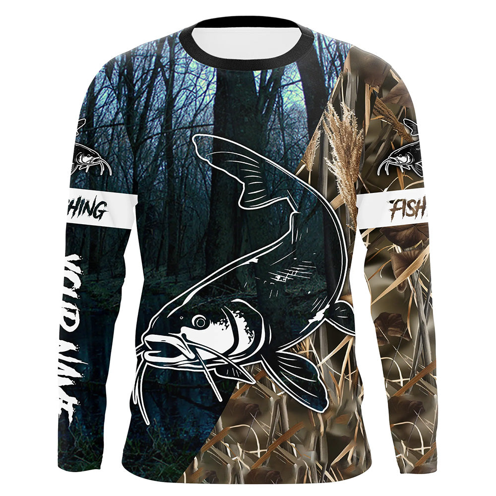 Catfish Fishing Camo Customize Name Long Sleeve Fishing Shirts Personalized Fishing Gifts NQS396