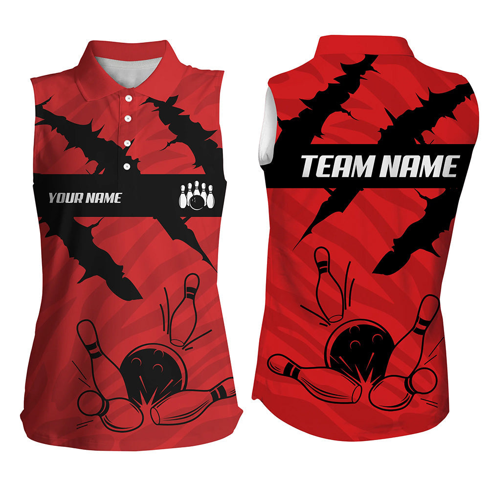 Black and red bowling camo Women sleeveless polo shirts Custom Team Bowling Jerseys, gift for bowlers NQS7703