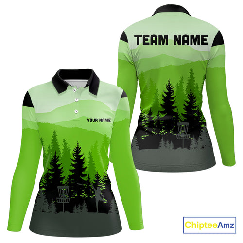 Green pattern forest Women Disc golf polo shirts Custom team disc golf jerseys for ladies NQS10027