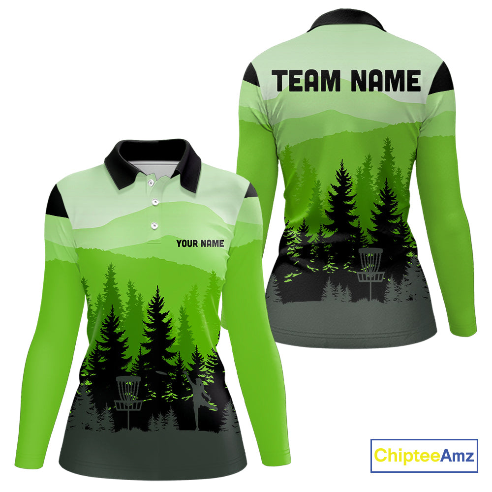 Green pattern forest Women Disc golf polo shirts Custom team disc golf jerseys for ladies NQS10027