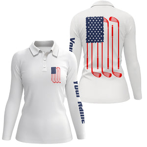 Women golf polo shirt American flag golf clubs custom patriotic white womens golf shirt, golfing gifts NQS5840