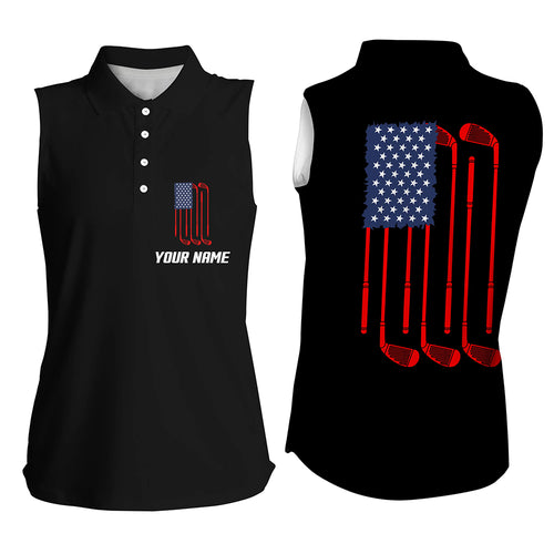 Womens sleeveless polo shirt American flag golf clubs custom patriotic black womens golf shirts NQS5841