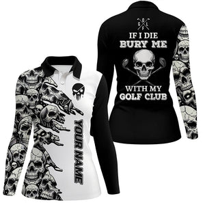 Black and White Skull pattern Women golf polo shirts custom If I die bury me with my golf clubs NQS8366