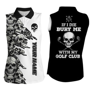 Black White Skull pattern Women sleeveless golf polo shirt custom If I die bury me with my golf clubs NQS8366