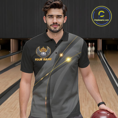 Black and Gold Crown Bowling ball wings Bowling Shirts For Men Custom Bowling Team Outfits NQS10549