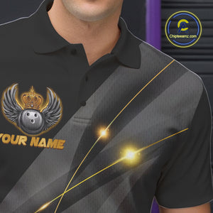 Black and Gold Crown Bowling ball wings Bowling Shirts For Men Custom Bowling Team Outfits NQS10549