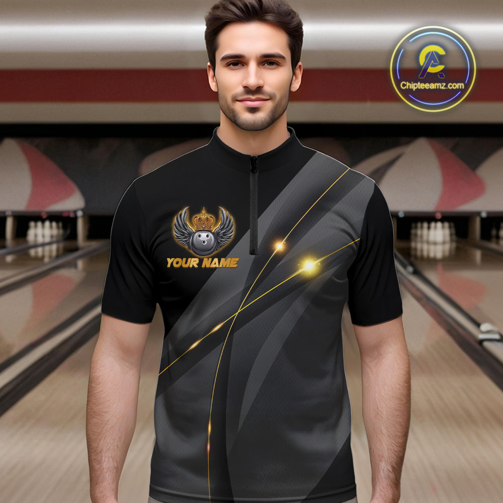 Black and Gold Crown Bowling ball wings Bowling Shirts For Men Custom Bowling Team Outfits NQS10549
