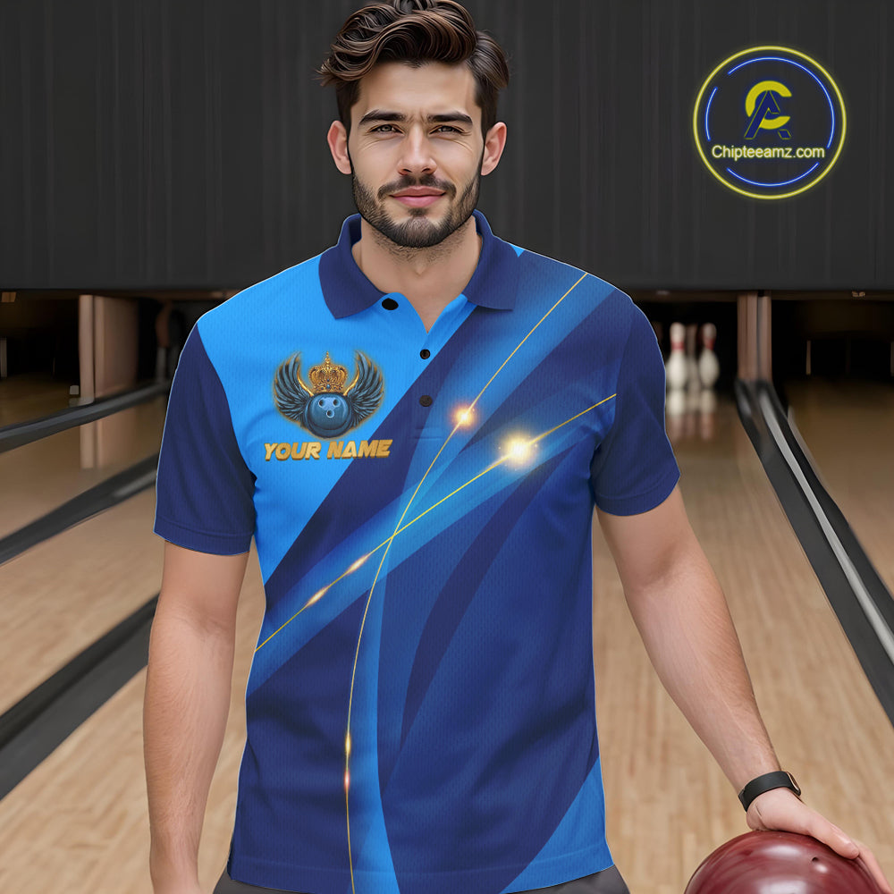 Blue and Gold Crown Bowling ball wings Bowling Shirts For Men Custom Bowling Team Outfits NQS10550