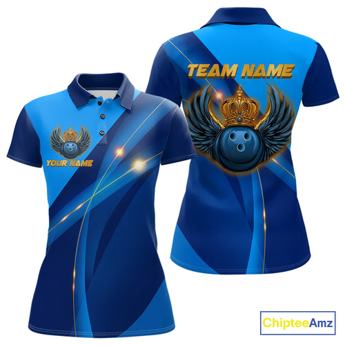 Blue and Gold Crown Bowling ball wings Bowling Shirts For Women Custom Bowling Team Outfits NQS10550