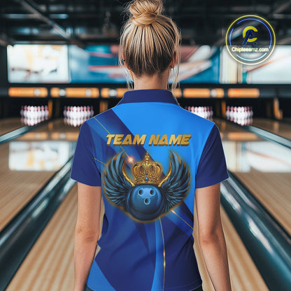 Blue and Gold Crown Bowling ball wings Bowling Shirts For Women Custom Bowling Team Outfits NQS10550