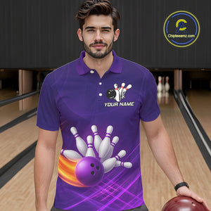 Purple Flame Bowling Polo, Quarter Zip Shirts For Men Custom Team Bowling Jersey Uniform NQS10768