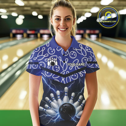 Blue camo Lightning Thunder Bowling Shirts For Women Custom Team 1/4 Zip, Polo style bowling shirts NQS10962
