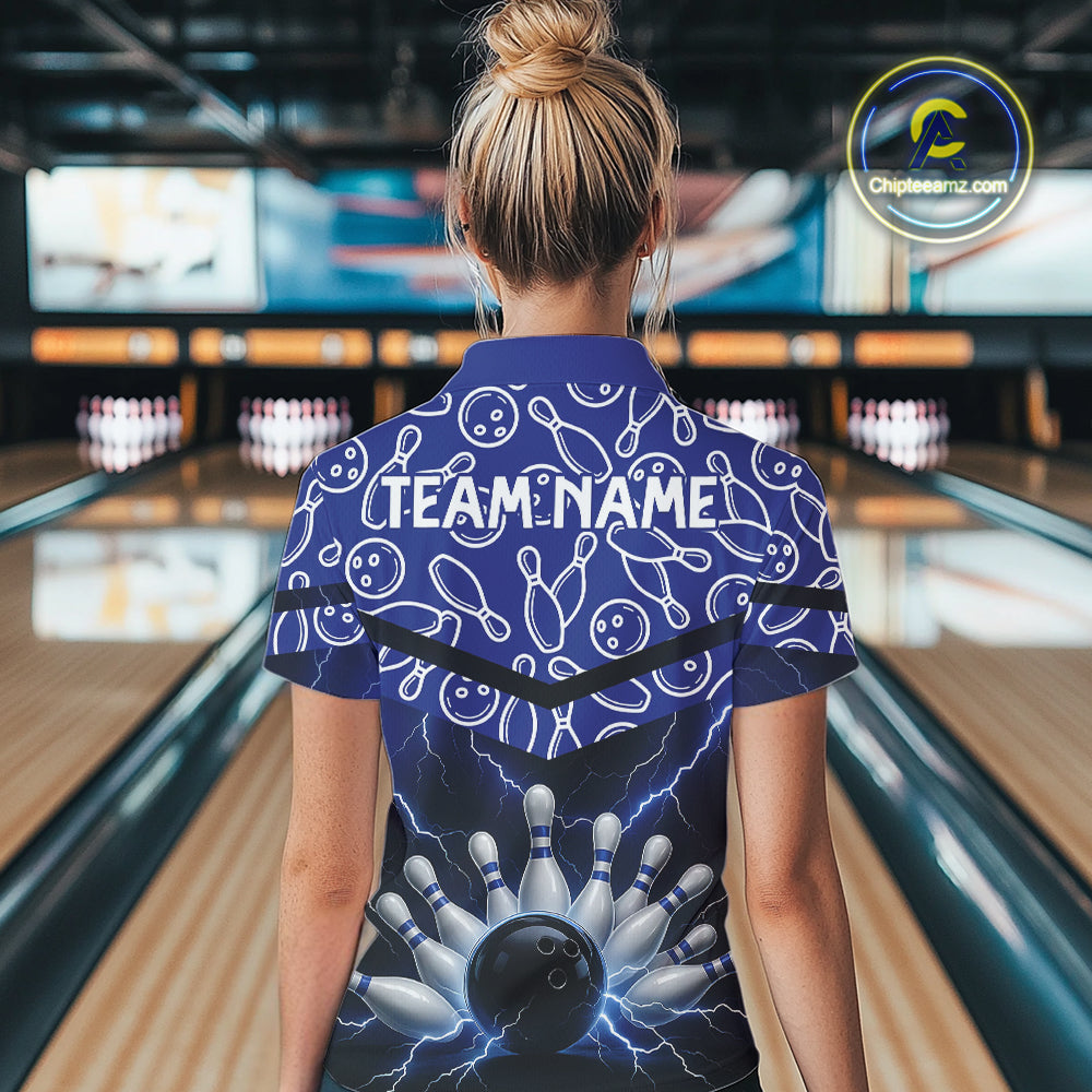Blue camo Lightning Thunder Bowling Shirts For Women Custom Team 1/4 Zip, Polo style bowling shirts NQS10962