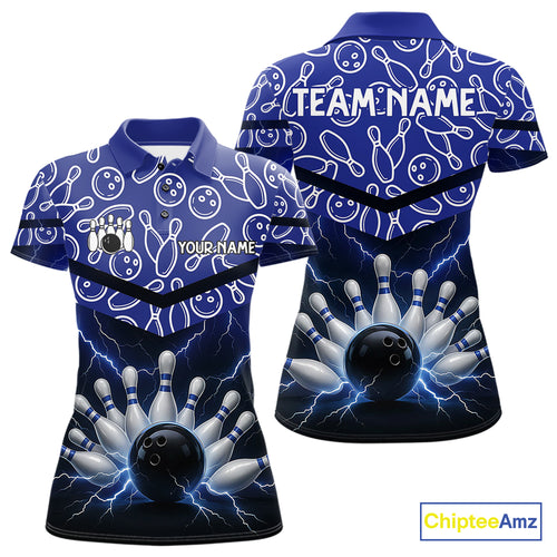 Blue camo Lightning Thunder Bowling Shirts For Women Custom Team 1/4 Zip, Polo style bowling shirts NQS10962