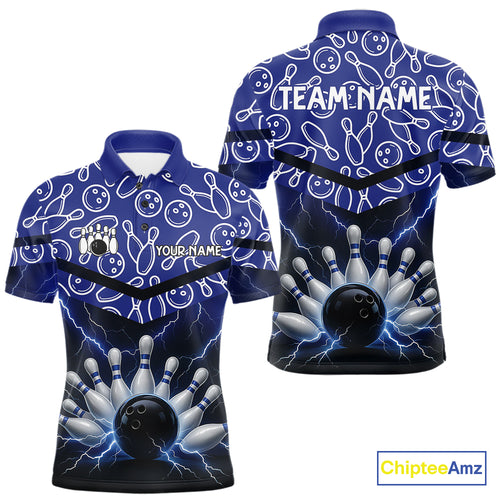 Blue camo Lightning Thunder Bowling Shirts For Men Custom Team Quarter Zip, Polo style bowling shirts NQS10962