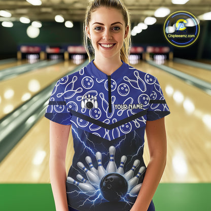 Blue camo Lightning Thunder Bowling Shirts For Women Custom Team 1/4 Zip, Polo style bowling shirts NQS10962