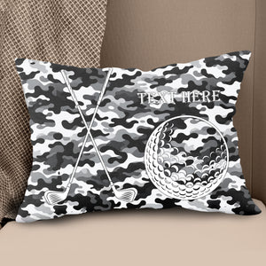 Personalized golf ball clubs black gray camouflage pattern custom name Canvas, Linen Throw Pillow NQS7025