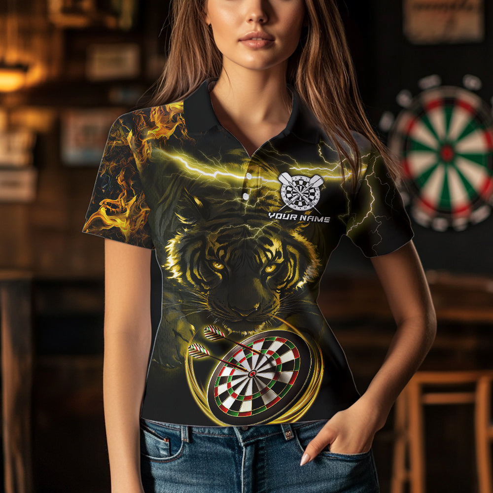 Personalized Yellow Lightning Thunder Storm Tiger Darts Shirts For Women Custom Dart Team Jerseys NQS9465