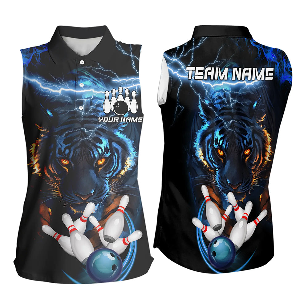 Personalized Blue Lightning Thunder Tiger Bowling Sleeveless Polo Shirt Custom Bowling Team Jersey NQS9466
