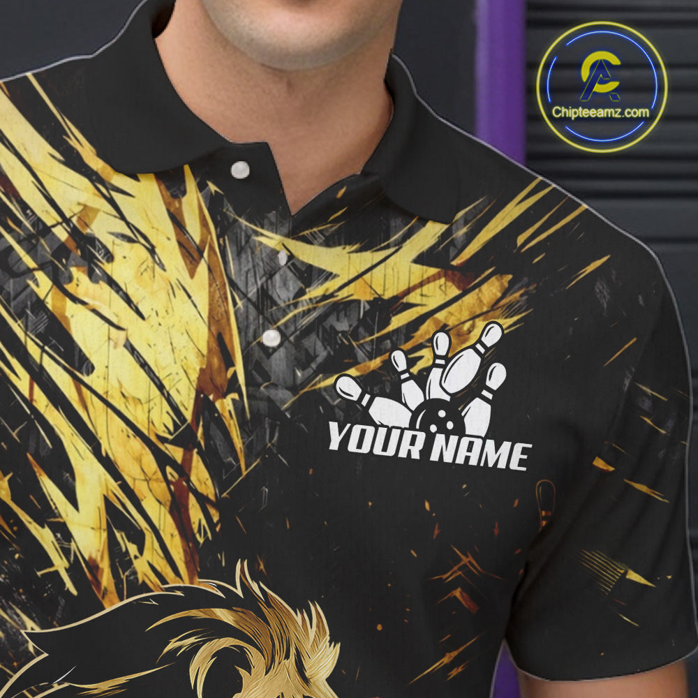 Black and Gold Lion Bowling Polo, 1/4 Zip Shirt for Men Custom Lion Bowling Team jerseys NQS11682
