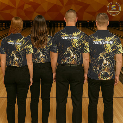 Black and Gold Lion Bowling Polo, 1/4 Zip Shirt for Men Custom Lion Bowling Team jerseys NQS11682