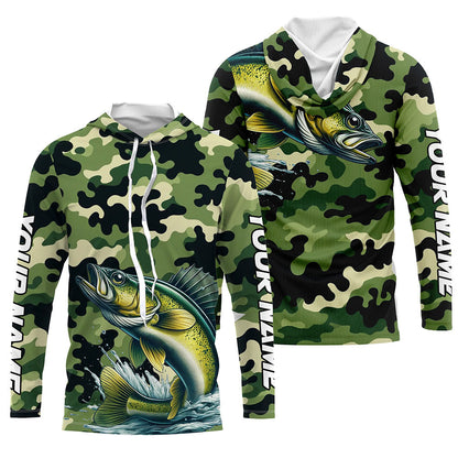 Black Green camo Walleye fishing Custom Long Sleeve Tournament Fishing Shirts, Walleye fishing Jerseys NQS7553