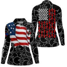 Load image into Gallery viewer, American Flag black camo Bowling Shirt for Women Custom Polo, Quarter Zip shirt, Team Patriots Bowlers NQS7705