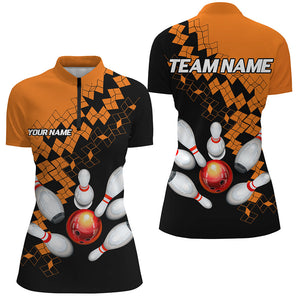 Black and Orange bowling jerseys Polo, 1/4 Zip Shirt for Women Custom Bowling Team shirts for bowlers NQS7708
