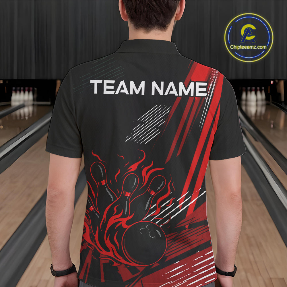 Black and Red Flame Bowling Polo, Quarter Zip Shirts For Men Custom Bowling Outfit Team Jerseys NQS10192